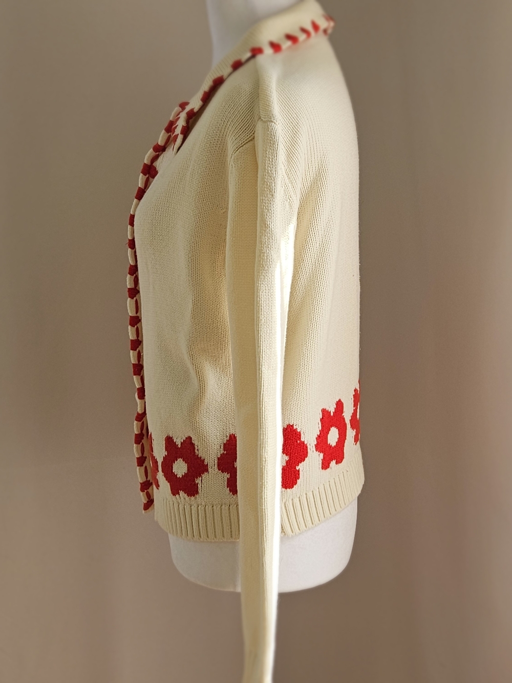 Elie Tahari Red Flower Knit Cardigan Sweater Ivory Cream XS - Picture 4 of 16